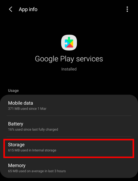 Stockage dans les services Google Play.