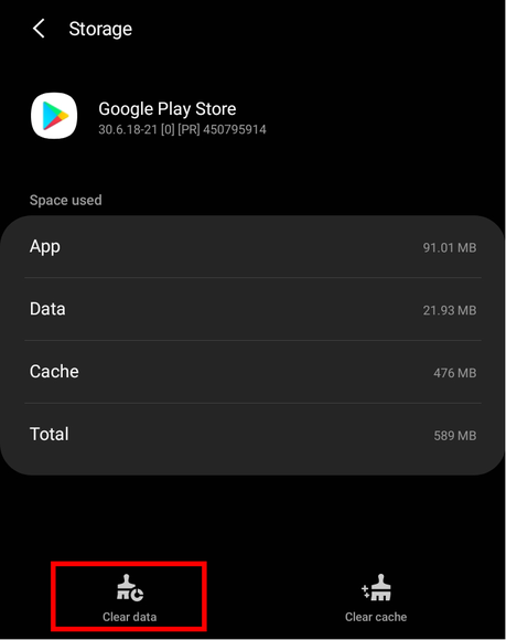 Bouton Effacer les données dans Google Play Store