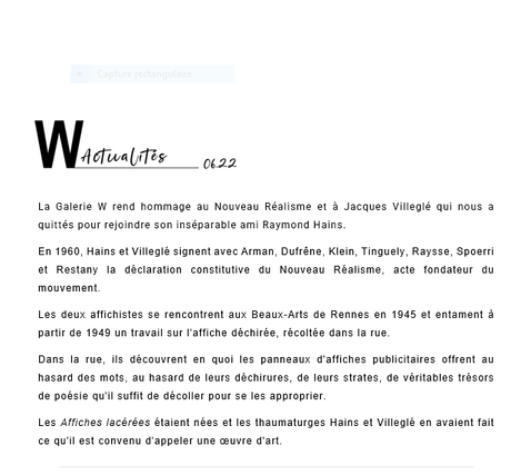 Galerie W Matignon -le nouveau réalisme et Jacques Villeglé.