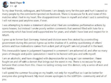 Le chanteur d'opéra René Pape présente des excuses après avoir tenu des propos homophobes