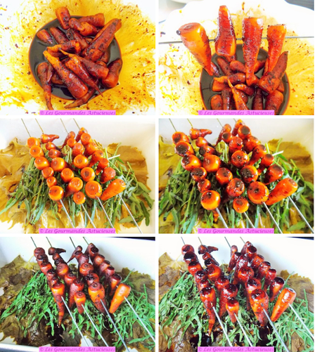 Brochettes de carottes caramélisées sur lit de feuilles de vigne et roquette (Vegan) Brochettes de carottes caramélisées sur lit de feuilles de vigne et roquette (Vegan)