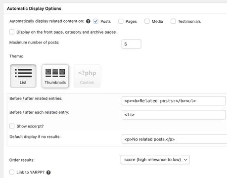 Capture d'écran de l'écran d'administration de YARPP