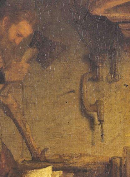 1645 Rembrandt Sainte Famille avec des anges-St Petersbourg detail ombres outils