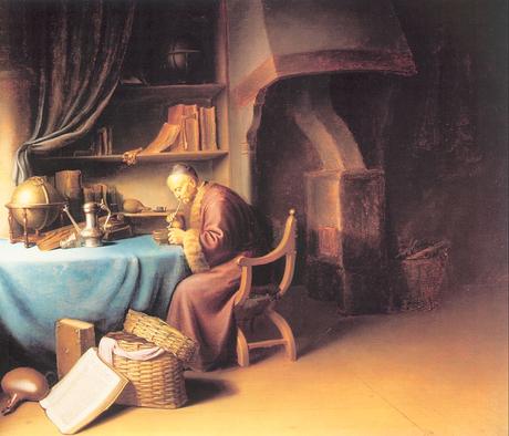 1635 dou an-old-man-lighting-his-pipe-in-a-study coll priv