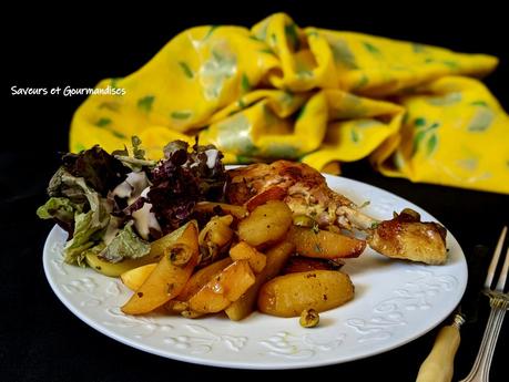 Poulet rôti en cocotte et ses pommes fondantes.