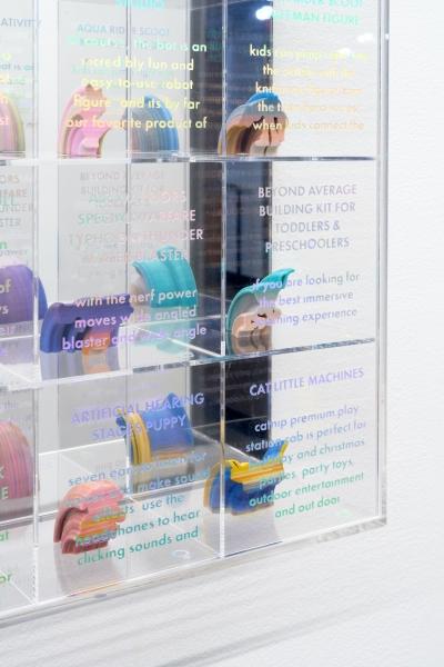 Une vitrine transparente avec des étagères affiche des objets colorés imprimés en 3D avec des titres écrits sur la surface de la vitrine.