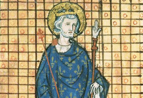 Louis IX portant le Sceptre et la Main de Justice, du Registre des Ordonnances de L'Hôtel du Roi, c.1320.  Images Bridgeman.