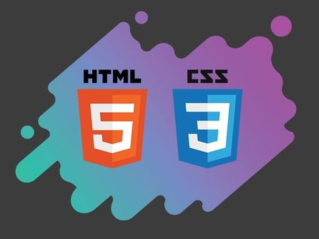 Commencez votre voyage de programmation avec HTML et CSS de base Symboles HTML5 et CSS3 sur fond dégradé bleu et violet
