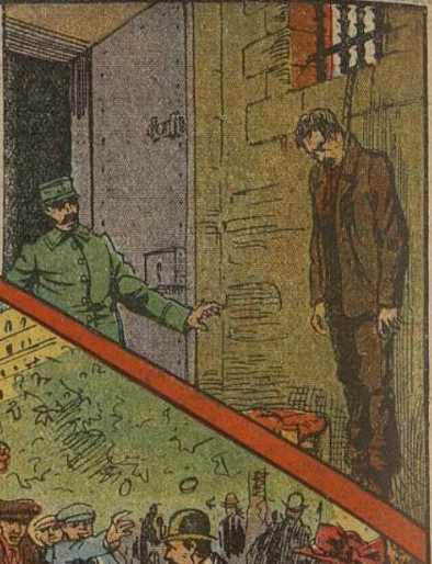 Octobre 1910 . Suicide du régicide Lucheni. Une vignette dans la presse de l'époque.