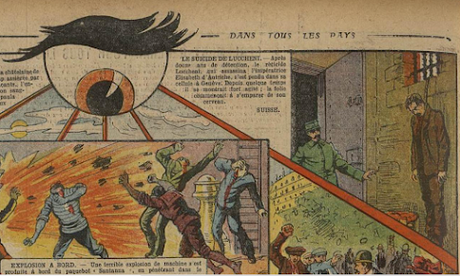 Octobre 1910 . Suicide du régicide Lucheni. Une vignette dans la presse de l'époque.
