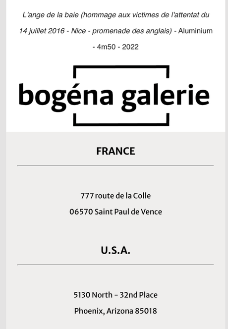Bogéna Galerie – « L’ange de la  baie » vernissage le 1er Septembre 2022. à Saint Paul de Vence.