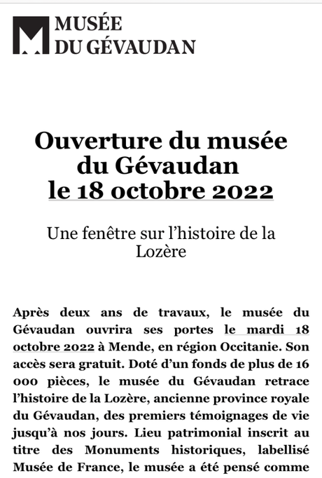 Musée du Gévaudan -ouverture le 18 Octobre 2022.