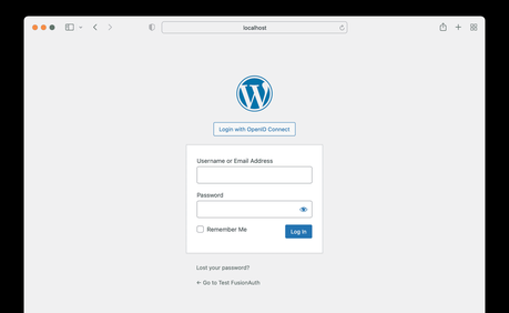 Écran de connexion WordPress avec connexion FusionAuth activée.