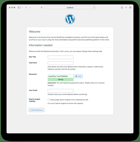 Création d'un compte d'administration WordPress.