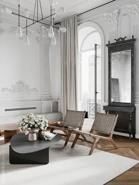 Visite déco entre style parisien traditionnel et design contemporain fauteuil retro bois cordage design danois mid-century