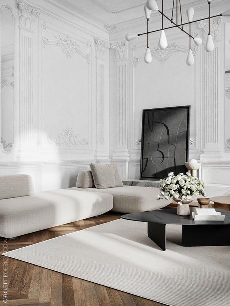 salon appartement décoration noir blanc néo classique moulures design