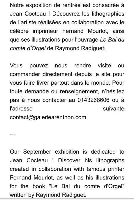 Galerie Arenthon  » Accrochage Jean Cocteau  » 9 Septembre au 27 Octobre 2022.