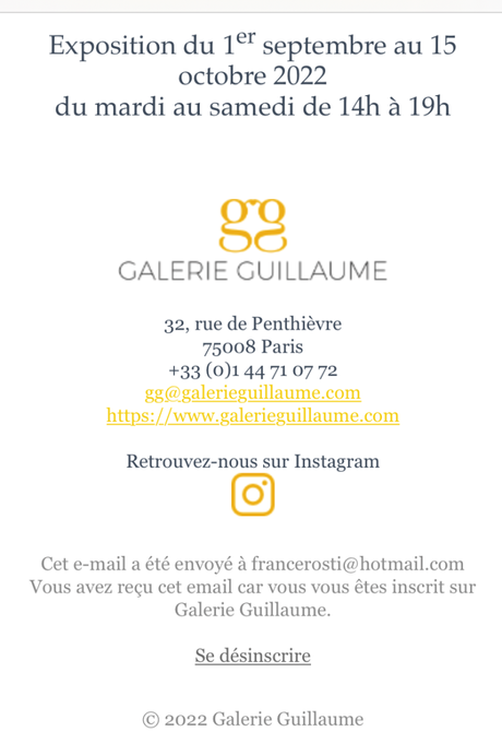 Galerie Guillaume exposition Yves Lévêque et ….Pauline – Mercredi 14 Septembre 2022.