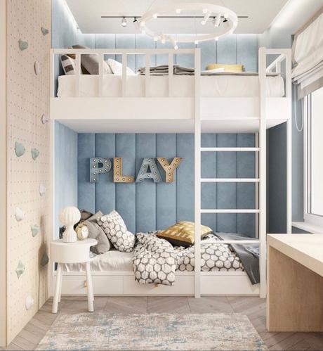 inspiration decoration intérieure chambre enfant lit superposé mur velours bleu pastel parquet chevron bois deco murale lumineuse tapis gris