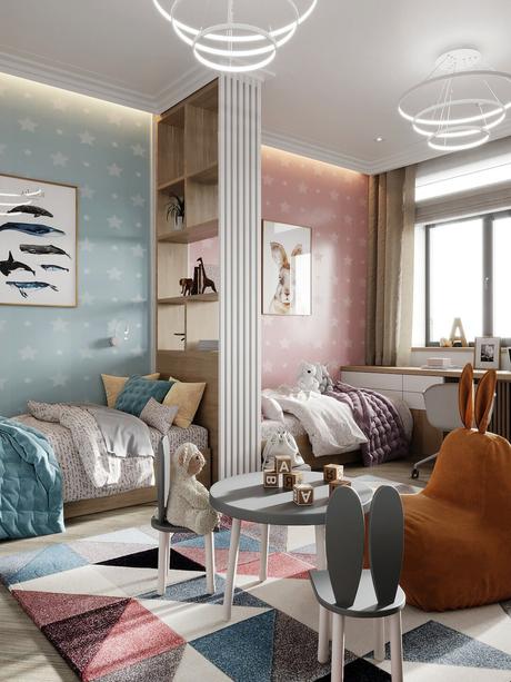 decoration cloison fixe meuble étagère moulures mur blanches mur rose bleu pastel suspension fine design