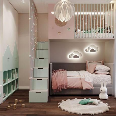 Comment aménager une chambre de jumeaux ? inspiration decoration intérieure chambre enfant parquet lamé bois foncé vert rose pastel tapis rond deco murale néon lumineux suspension blanche