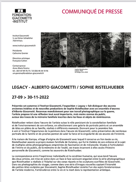 Fondation Giacometti Institut « Legacy-Alberto Giacometti/ Sophie Ristelhueber » 27/09 au 30/11/2022.