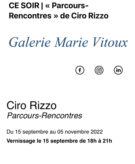 Galerie Marie Vitoux  – exposition Ciro Rizzo à partir du 15 Septembre 2022.