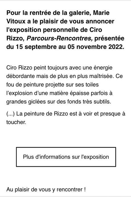 Galerie Marie Vitoux  – exposition Ciro Rizzo à partir du 15 Septembre 2022.