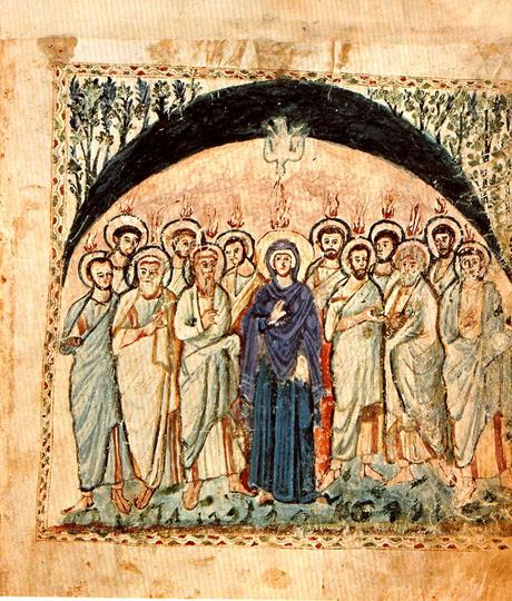 Pentecote, miniature des Evangiles de Rabula, fin VIeme Biblioteca Medicea Laurenziana, cod. Plut. 1.56 fol 16v, .