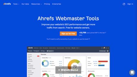 Capture d'écran de la page d'accueil d'Ahrefs Webmaster Tools.