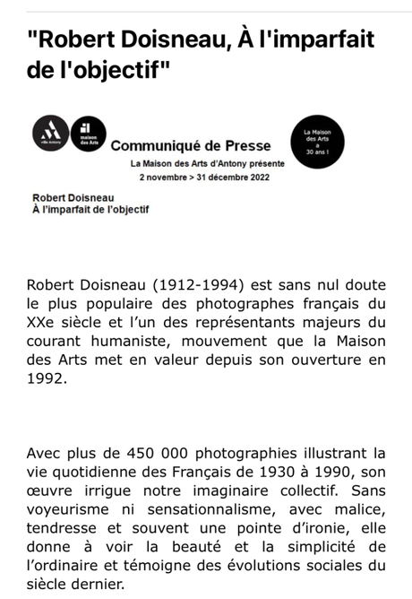 Maison des Arts d’Antony  » Robert Doisneau , à l’imparfait de l’objectif  » 2 Novembre au 31 Décembre 2022.