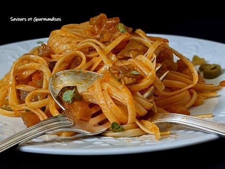 Linguini à l’aubergine. Recette pleine de saveurs et simple à réaliser.