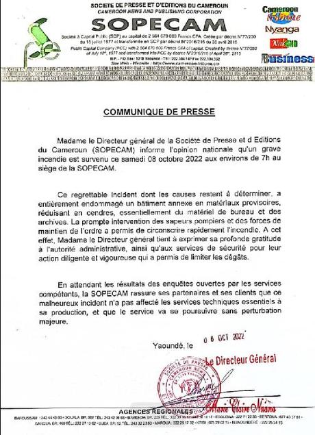 Cameroun- Incendie à la Sopecam: Voici la réaction de la direction générale Cameroun- Incendie à la Sopecam: Voici la réaction de la direction générale