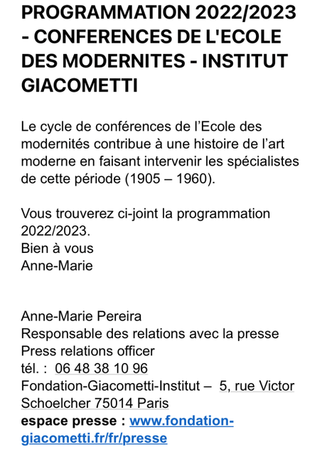 Institut Giacometti – Conférences de l’Ecole des modernités –