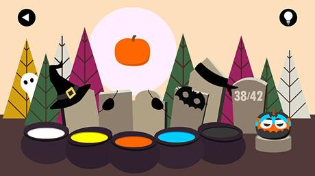 Un écran de Boo! : une citrouille flottant au-dessus de plusieurs chaudrons remplis de peinture de différentes couleurs, ainsi que différents accessoires de tête avec lesquels décorer la citrouille.