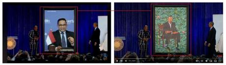 Vidéo d’Obama dévoilant son propre portrait trafiqué pour insérer l’image d’un politicien indonésien