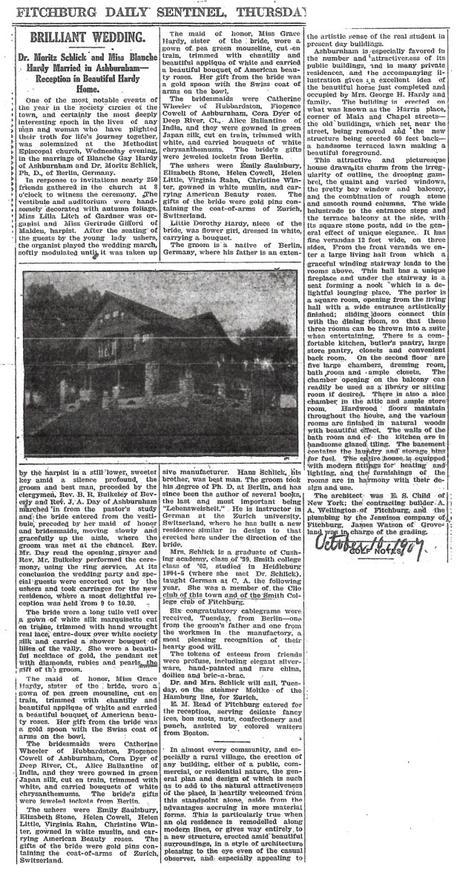 Les portraits de mariage d’Ashburnham imitent ceux pris il y a 115 ans au même endroit Le mariage du 10 octobre 1907 de Blanche Gay Hardy d'Ashburnham et du Dr Moritz Schlick de Berlin, en Allemagne, a été couvert par le Fitchburg Daily Sentinel. (Avec la permission de CHARLES BARR)