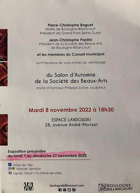 Salon d’Automne de la Société des Beaux-Arts – Espace Landowski – Boulogne-Billancourt- 7/27 Novembre 2022.
