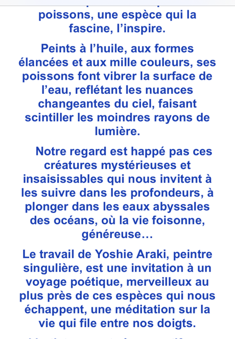 Exposition Yoshie Araki « la passion du monde aquatique » à la Galerie de Paris – Village Suisse – à partir du 10 Novembre 2022.