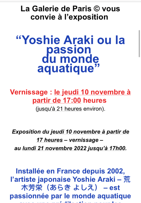 Exposition Yoshie Araki « la passion du monde aquatique » à la Galerie de Paris – Village Suisse – à partir du 10 Novembre 2022.
