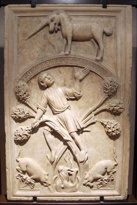 Maitre des Bois , IVe Apologue , XIIIe s. Bas-relief provenant du portail sud de la cathedrale. , Museo del Duomo Ferrare