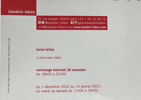 Galerie Baudoin Lebon   – Exposition Karen Farkas – 1er Décembre 2022.