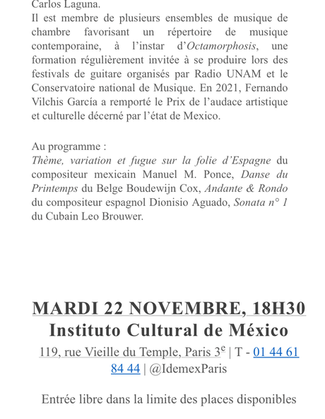 Récital de guitare – Fernando Vilchis Garcia -Institut Culturel du Mexique – le mardi 22 Novembre 2022.