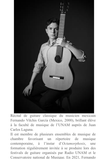Récital de guitare – Fernando Vilchis Garcia -Institut Culturel du Mexique – le mardi 22 Novembre 2022.