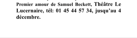 Regard vers le théâtre de Pierre-Marc Levergeois – Théâtre Le Lucernaire – « Premier amour de Samuel Beckett »
