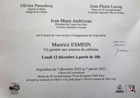 Exposition Maurice Esmein – Galerie du Luxembourg -Mairie du 6me – un peintre aux sources du cubisme- 7 décembre au 7 Janvier 2022.