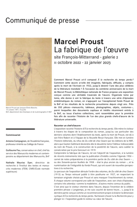 B N F . « Marcel Proust – la fabrique de l’oeuvre -jusqu’au 22 Janvier 2023.