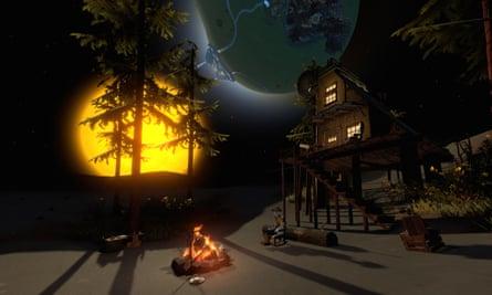 Capture d'écran d'un camp et d'une cabane dans les bois d'Outer Wilds.