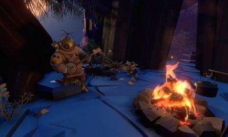 Capture d'écran de Outer Wilds d'un robot jouant du banjo près d'un feu de camp