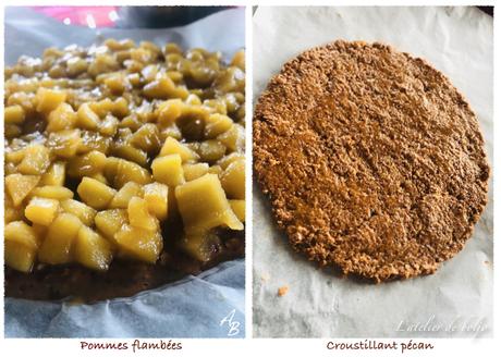 Entremet orange Cointreau, coulant et croustillant pécan, pommes caramélisées, brownie pécan, pour bûche ou cercle.